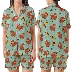 Whimsical Animal Lovers' Pastel Mint Green Highland Cow Golden Sunflower Rustic Repeat Design Satin Short-Sleeve Pajamas Set