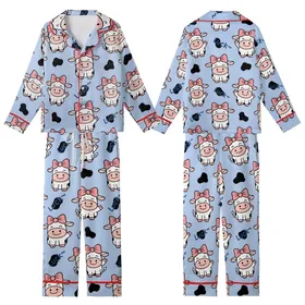 Cute Animal Lovers' Whimsical Cartoon Cow Seamless Repeat Light Periwinkle Blue Pink Bows Black Spots Luck Pattern Kid Satin Pajamas Set