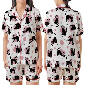 Cat Lovers' Whimsical Black Cat Pink Blob Polka Dot Seamless White Pattern Satin Short-Sleeve Pajamas Set