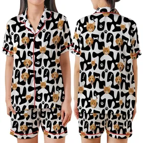 Golden Retriever Tabby Cat Faces Interlocking Abstract Black White Golden Orange Design Satin Short-Sleeve Pajamas Set