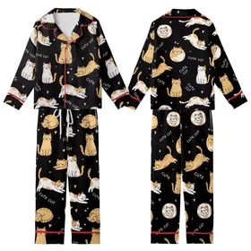 Cat Lover Black Background Feline Poses Orange Tan White Cats Pink Hearts 'Cute Cat' Text Kid Satin Pajamas Set