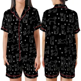 Cat Lovers' Minimalist White Line Art Playful Cats & Heart Paw Print Seamless Pattern on Black Satin Short-Sleeve Pajamas Set