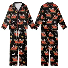 Festive Cat Lovers' Whimsical Santa Sleigh Cute Cartoon Cats White Grey Tan Golden Paw Prints Twinkling Stars Deep Black Pattern Kid Satin Pajamas Set