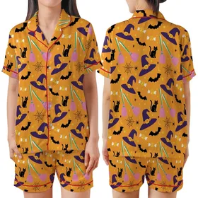 Halloween Lovers' Vibrant Pumpkin Orange Whimsical Pattern with Purple Witch Hats, Pink Brooms, Black Bats, Spiders, Cats & Gold Moons Satin Short-Sleeve Pajamas Set