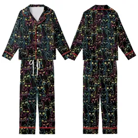 Black Cat Lovers' Neon Pop Whimsical Black Cat Seamless Pattern Electric Blue Pink Yellow Green White Outlines Kid Satin Pajamas Set