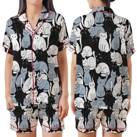 Cat Lovers' Illustrative Whimsical White Blue-Grey Black Tuxedo Cats Seamless All-Over Pattern on Black Satin Short-Sleeve Pajamas Set