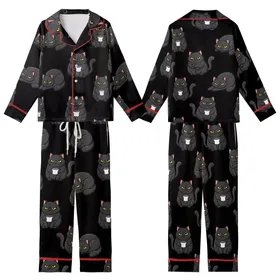 Cat Lovers' Cute Cartoon Grumpy Black Cats All-Over Pattern Golden Yellow Eyes White Mugs Kid Satin Pajamas Set