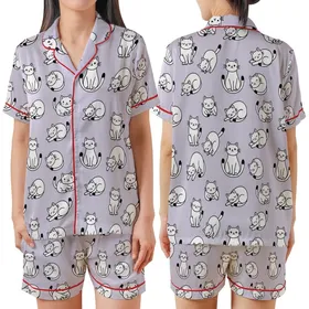 Cat Lovers' Playful White Cartoon Cats Seamless Pattern, Bold Black Outlines, Soft Lavender Background Satin Short-Sleeve Pajamas Set