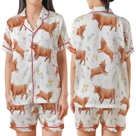 Whimsical Animal Lovers' Fluffy Highland Cow & Calf Watercolor Reddish-Brown & Lavender Wildflower Repeating Pattern Satin Short-Sleeve Pajamas Set