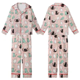 Cat Lovers' Whimsical Blush Pink Pattern with Playful Teal White Black Grey Cartoon Cats, Yarn, Paw Prints Kid Satin Pajamas Set