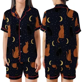 Cat Lovers' Whimsical Cosmic Night Sky Cats Seamless Pattern, Midnight Blue-Black with Golden Moons, White Stars, Black & Ginger Felines Satin Short-Sleeve Pajamas Set