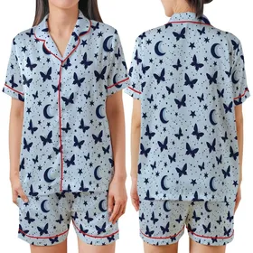 Dreamers' Whimsical Pastel Sky Blue Dark Navy Butterfly Crescent Moon Star Celestial Dust Pattern Satin Short-Sleeve Pajamas Set