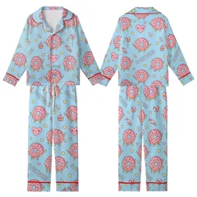 Sweet Treat Lovers' Pastel Sky Blue Kawaii Donut & Pink Heart Seamless Pattern with Happy Faces & Sprinkles Kid Satin Pajamas Set