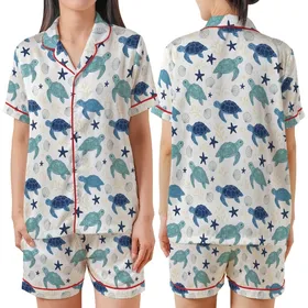 Ocean Lovers' Whimsical Cerulean Teal Navy Blue Sea Turtle Repeating Marine Life Pattern with Starfish Shells Coral Satin Short-Sleeve Pajamas Set