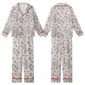 Women's Elegant Hand-Drawn Creamy White Camellia Floral Pastel Pink Diagonal Stripe Sage Green Botanical Kid Satin Pajamas Set
