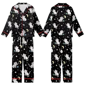 Cat Lovers' Whimsical Illustrative White & Grey Cats Starry Black Pattern, Pale Yellow Moons & Pastel Yarn Kid Satin Pajamas Set