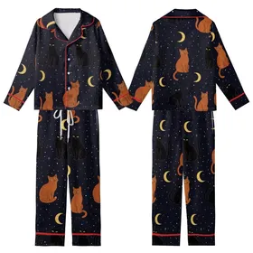 Cat Lovers' Whimsical Cosmic Night Sky Cats Seamless Pattern, Midnight Blue-Black with Golden Moons, White Stars, Black & Ginger Felines Kid Satin Pajamas Set