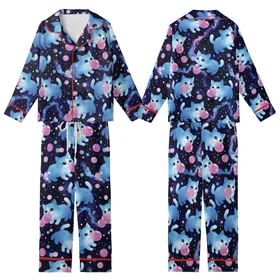 Whimsical Cat Lovers' Luminous Electric Blue Kitten Bubblegum Cosmic Dream Art Kid Satin Pajamas Set