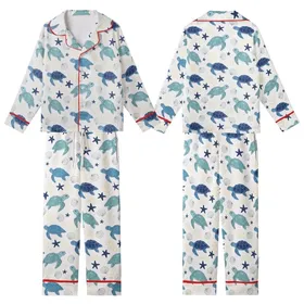 Ocean Lovers' Whimsical Cerulean Teal Navy Blue Sea Turtle Repeating Marine Life Pattern with Starfish Shells Coral Kid Satin Pajamas Set