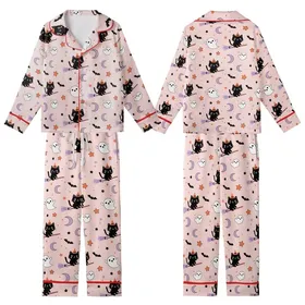 Cute Halloween Lovers' Pastel Pink Whimsical Black Cat Ghost Bat Lavender Orange Star Pattern Kid Satin Pajamas Set