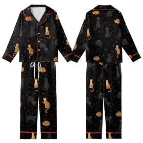 Cat Lovers' Seamless Cosmic Cat Pattern with Stargazing Black & Ginger Felines, Muted Gold Stars on Deep Black Kid Satin Pajamas Set