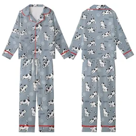 Cat Lovers' Seamless Muted Blue-Grey Hand-Drawn White & Black Cartoon Cats Playful Poses 'Meow' Flat Pattern Kid Satin Pajamas Set