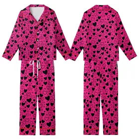 Expressive Individuals' Vibrant Magenta-Pink Dense Black Hearts Playful Graphic Pattern Kid Satin Pajamas Set