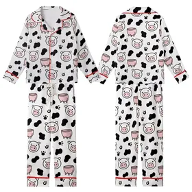 Cow Lovers' Whimsical Cartoon Cow Pattern: Black Spots, Pink Snouts, Udders, Hoof Prints, White Background Kid Satin Pajamas Set