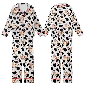 Whimsical Style Lovers' Black White Cow Spot Pattern with Cute Flat Cartoon Cows and Playful Brown "Moo" Text Kid Satin Pajamas Set