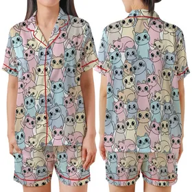 Cat Lovers' Kawaii Cartoon Cat Playful Seamless Pattern Pastel Pink Blue Grey Aqua Eyes Satin Short-Sleeve Pajamas Set