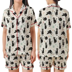 Cat Lover Black Cats Posing Light Peach Bows Teal Collars Fish Bones Paw Prints Cream Pattern Satin Short-Sleeve Pajamas Set