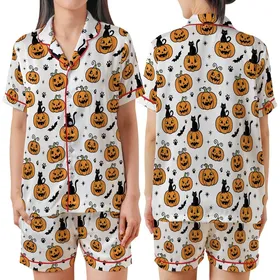 Halloween Enthusiasts' Whimsical Hand-Drawn Orange Jack-o'-Lanterns, Black Cats, Bats & Paw Prints Pattern on White Satin Short-Sleeve Pajamas Set