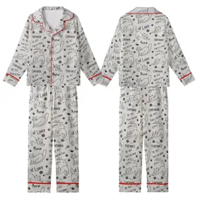 Cat Lovers' Whimsical Black & Grey Hand-Drawn Cartoon Cat Pattern with Playful Felines, Yarn, & Phrases Kid Satin Pajamas Set