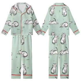 Cat Lovers' Whimsical Hand-Drawn White Cartoon Cats Light Mint Green Pattern Fish Bones Paw Prints Kid Satin Pajamas Set