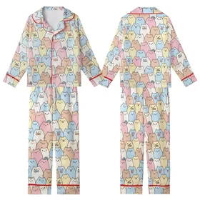 Cat Lovers' Kawaii Pastel Pink Blue Yellow Cat Crowd Seamless Pattern Kid Satin Pajamas Set