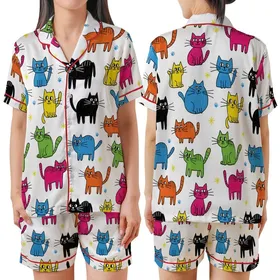 Cat Lovers' Whimsical Hand-Drawn Doodle Abstract Cats Pattern with Vibrant Multi-Color Crayon Style Satin Short-Sleeve Pajamas Set