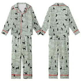 Cat Lovers' Whimsical Urban Cats Minimalist Sage Green Line Art Black Silhouette Pattern Kid Satin Pajamas Set