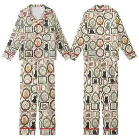 Cat Lovers' Muted Eclectic Antique Framed Cat Portraits Collage Cream Pattern Kid Satin Pajamas Set