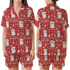 Holiday Cat Lovers' Cheerful Red Fair Isle Kitten Santa Hat Snowflake Reindeer Pattern Satin Short-Sleeve Pajamas Set