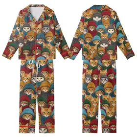 Cat Lovers' Intricate Realistic Cat Portraits with Emerald, Blue, Amber Eyes in Vibrant Knitted Wear Pattern Kid Satin Pajamas Set
