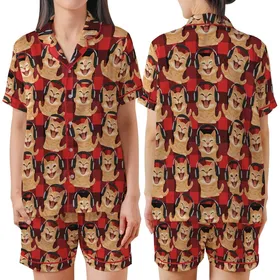 Cat Lovers & Music Fans Excited Photorealistic Ginger Cats Laughing Singing Headphones Red Black Buffalo Plaid Repeat Satin Short-Sleeve Pajamas Set