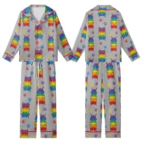 Cat Lovers' Whimsical Rainbow Stacked Cartoon Cats Distressed Paw Print Art Kid Satin Pajamas Set