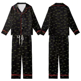 Cat Lovers' All-Over Stylized Black Cat Crowd Pattern with Vibrant Yellow Eyes Flat Art Kid Satin Pajamas Set