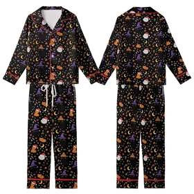 Festive Cat Lovers' Whimsical Cartoon Witch Hat Beanie Hat Santa Hat Cats Pattern Kid Satin Pajamas Set