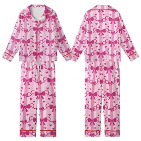 Women's Sweet Pastel Pink Candy Stripe Fuchsia Bows Ribbon & Heart Flat Art Kid Satin Pajamas Set