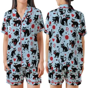 Cat Lovers' Whimsical Black Cat Pastel Blue All-Over Red Hearts Fanged Mouths Yarn Balls Pattern Satin Short-Sleeve Pajamas Set