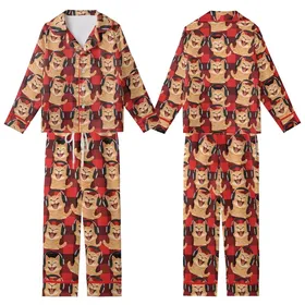 Cat Lovers & Music Fans Excited Photorealistic Ginger Cats Laughing Singing Headphones Red Black Buffalo Plaid Repeat Kid Satin Pajamas Set
