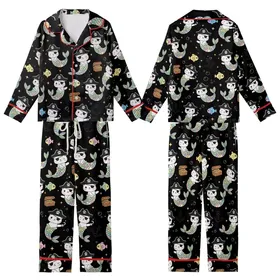 Cat Lover's Cute Pirate Mermaid Cats Pastel Rainbow Nautical Treasure Pattern Black Background Kid Satin Pajamas Set