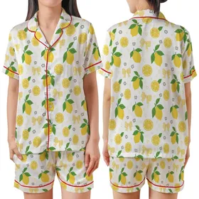 Women's Hand-Drawn Whimsical Lemon Pattern Bright Yellow Bows Green Leaves White Satin Short-Sleeve Pajamas Set