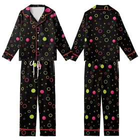 Energetic Style Seekers' High-Contrast Neon Lime Pink Orange Yellow Geometric Circles Stars Pattern Kid Satin Pajamas Set